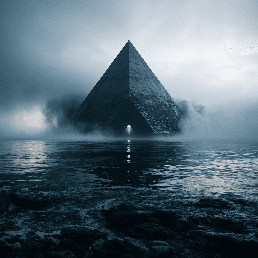 Stone pyramid emerging from misty seas under an overcast sky, with a glowing portal at its base