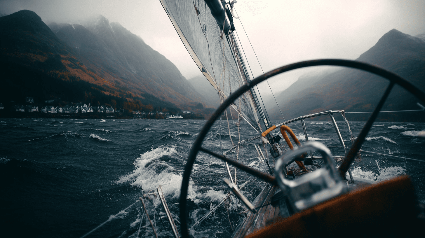 View from a sailboat cockpit — helm in the foreground, sail rising into highland waters under stormy skies
