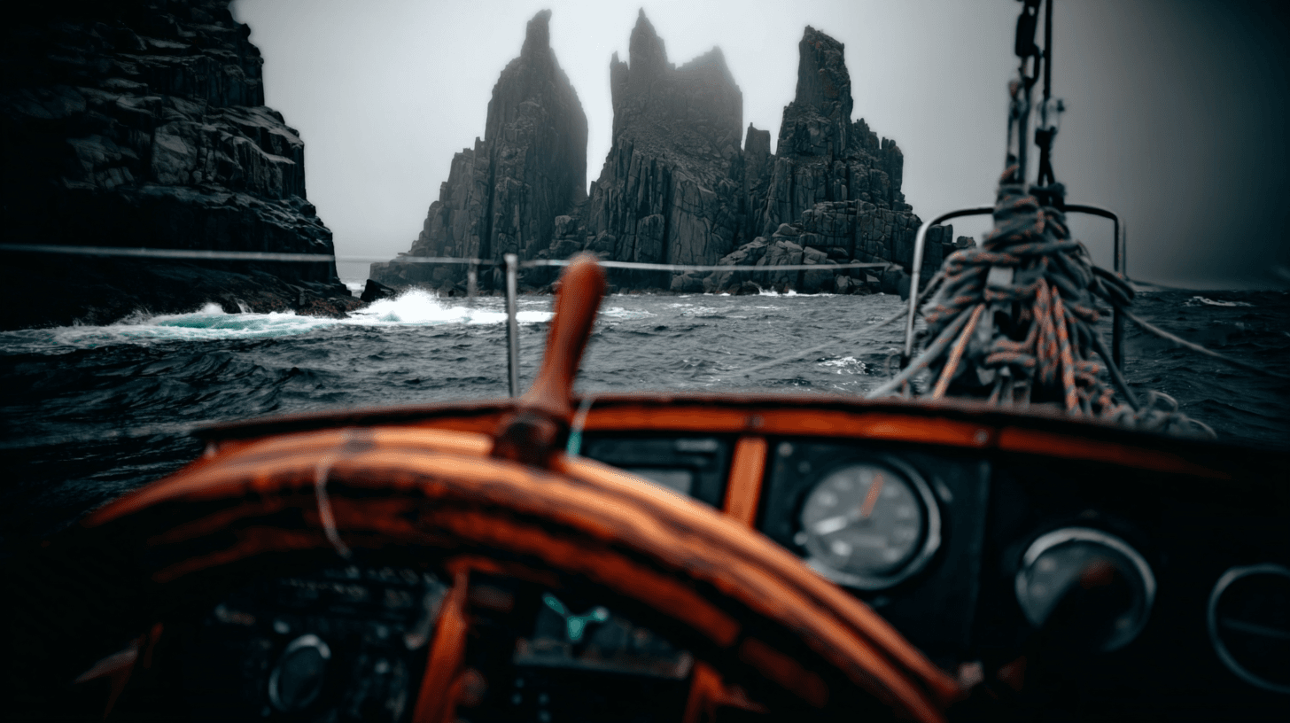 View from the bow of a sailboat on open water